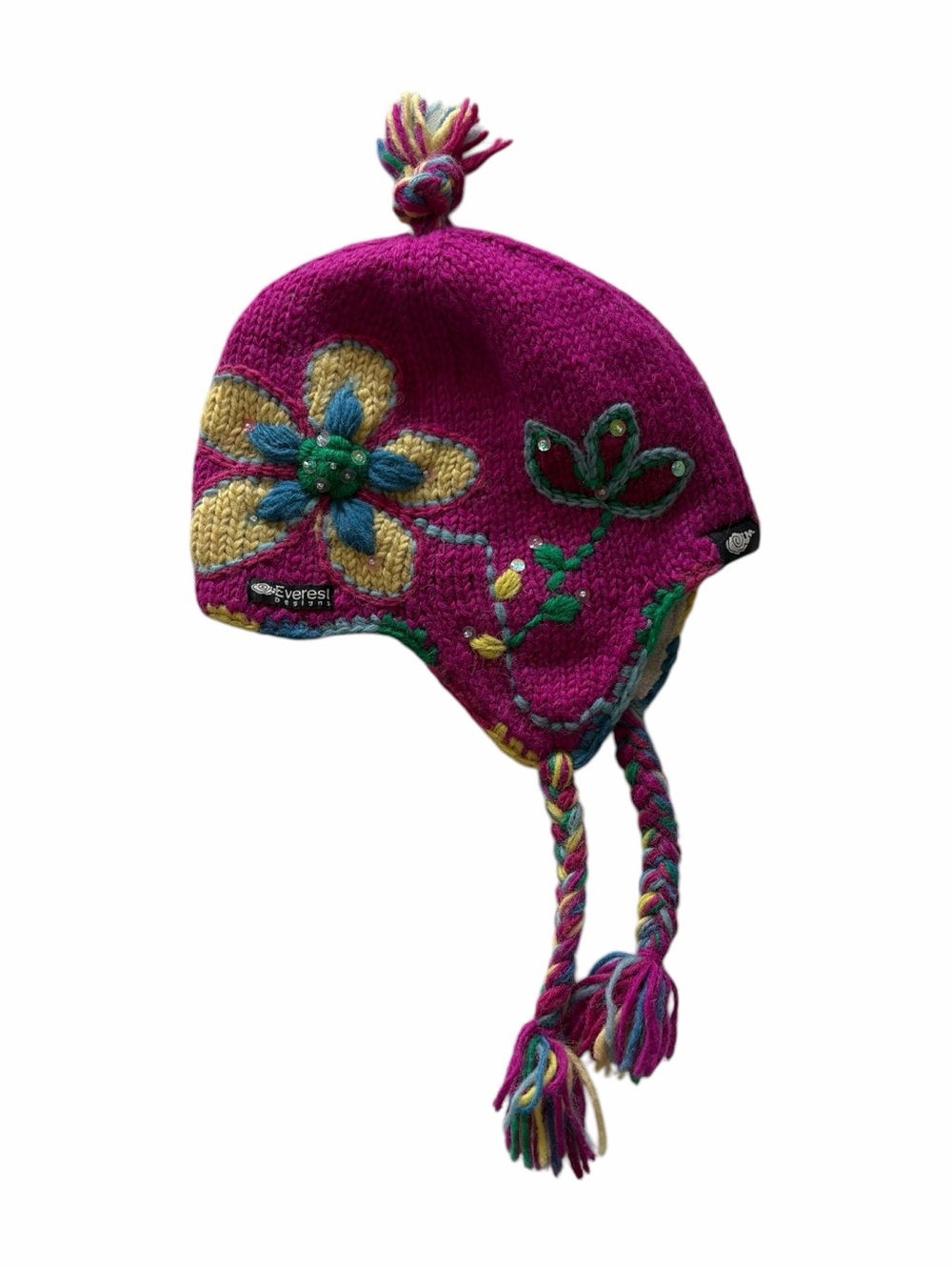 Everest Designs Girls’ 5-12 Wool Earflap Cap Ski Winter Outdoor Floral Pom